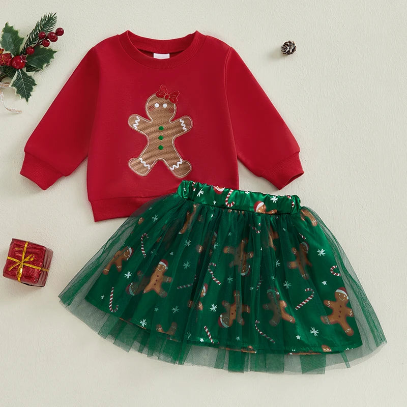 MOMSTAG Toddler Girls Long Sleeve Gingerbread Sweatshirt & Tulle Skirt Set