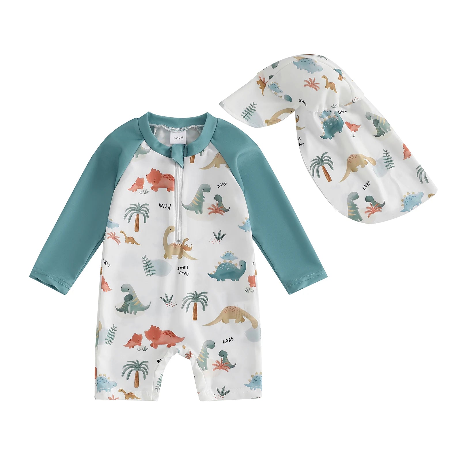 Toddler Boys' Dinosaur Rash Guard Swimsuit with Cap