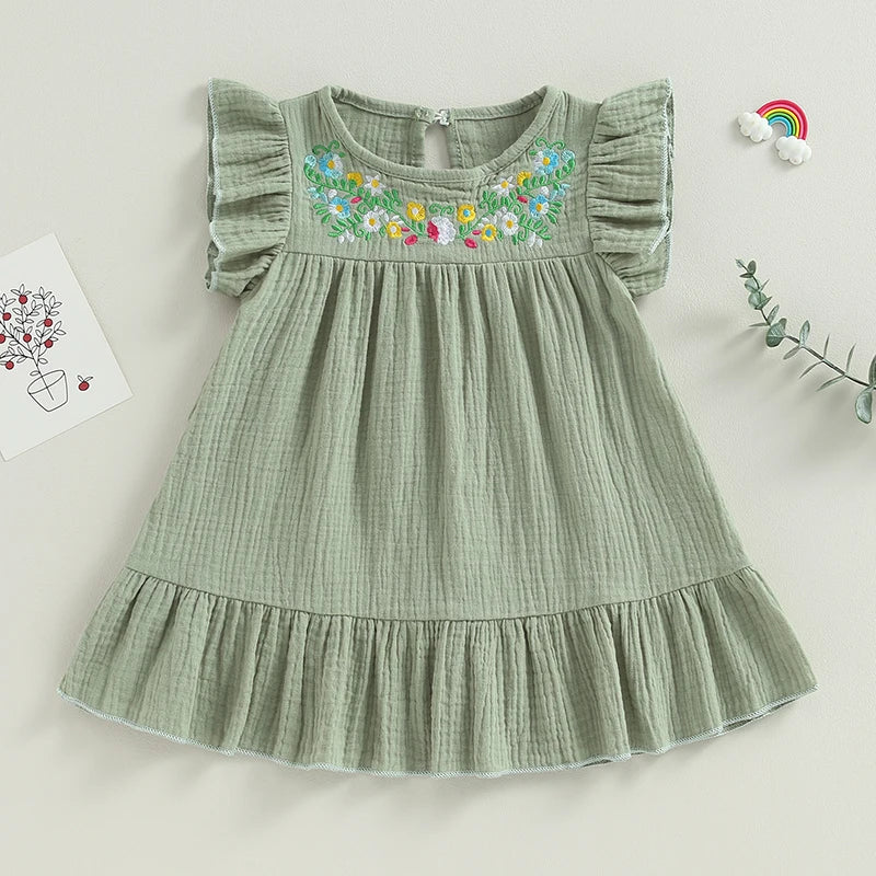 Sleeveless Ruffle Cotton Linen Flare Dress for Girls