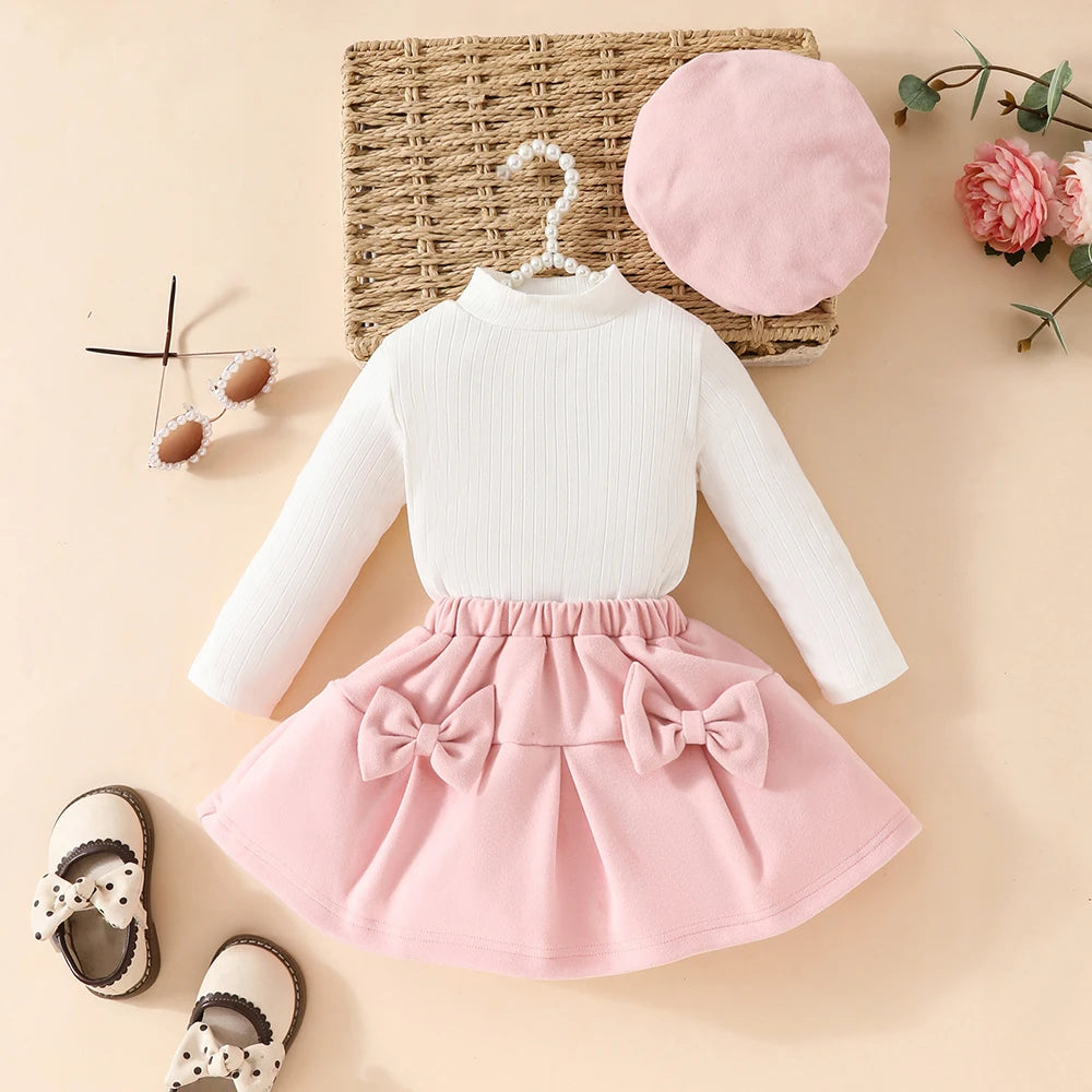 Long Sleeve Big Bow Top Irregular Skirt and Beret 3Pcs Christmas Clothes for toddler