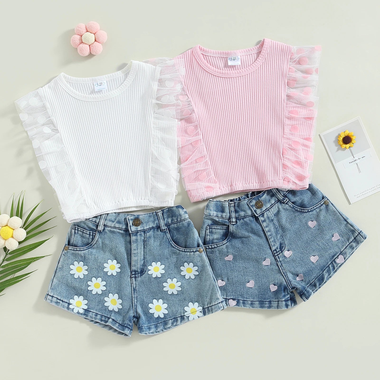 White Ruffle Sleeve Ribbed Top and Daisy Print Denim Shorts for toddler girls