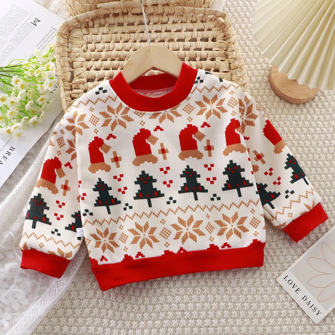 red and white santa hat kids christmas sweatshirt with trees, warm velvet winter pullover