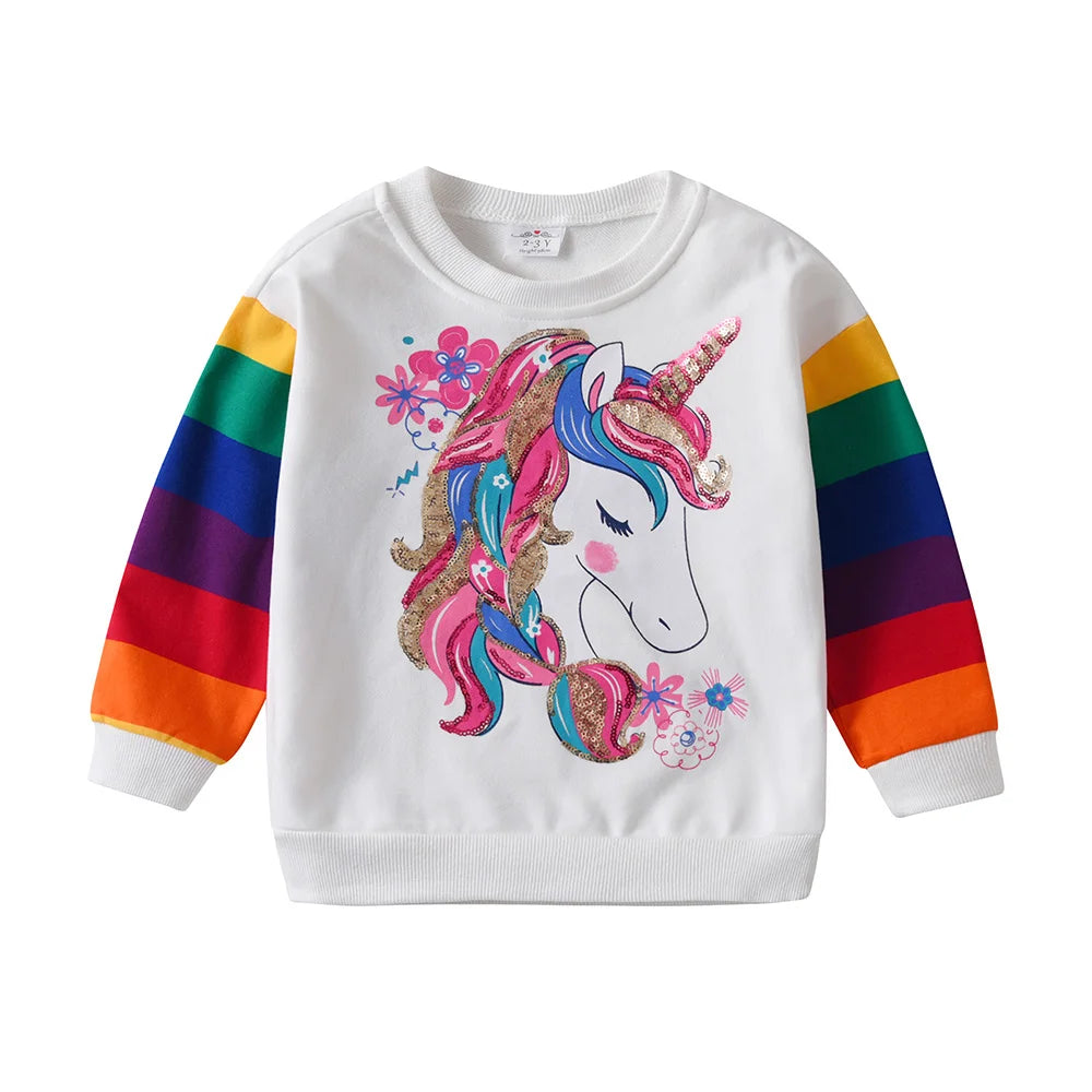 cozy autumn unicorn rainbow sequin sweatshirt, colorful striped kids pullover