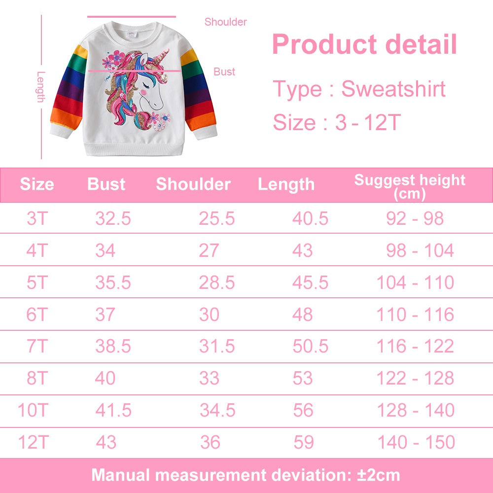 size chart unicorn rainbow sequin sweatshirt for girls