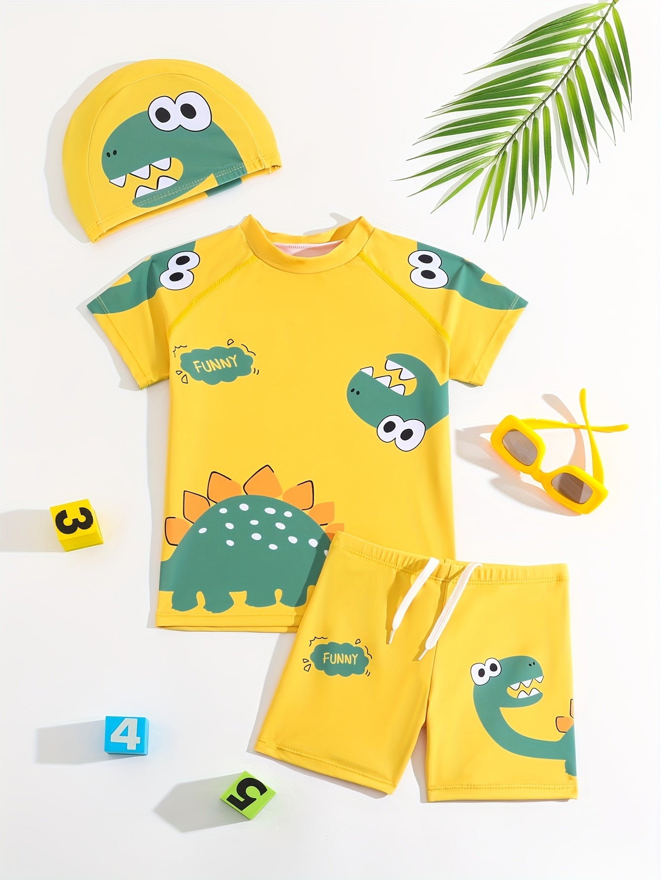 2pcs Cartoon Dinosaur Pattern Swimsuit For Boys